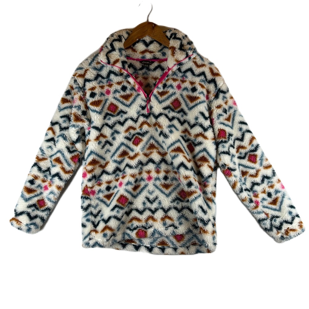 Eddie Bauer Womens Small Faux Fur Pullover Aztec Print Quarter Zip Pink Trim